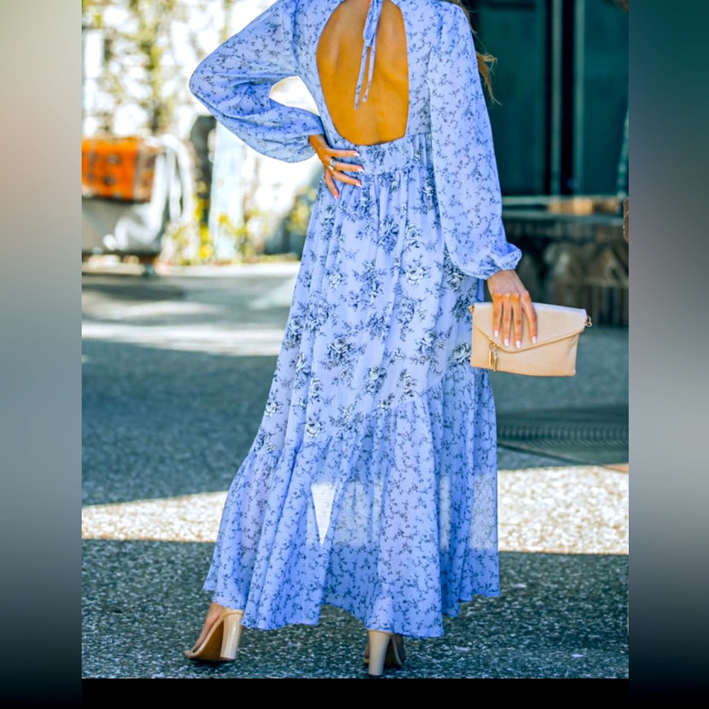 Sky blue floral print hollow out maxi dress